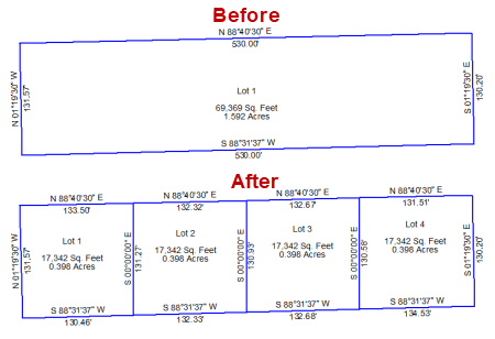 Subdivide a parcel by equal parts or specified area.