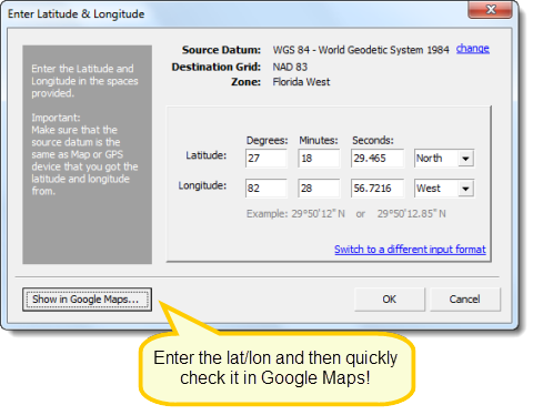 Latitude and Longitude data entry